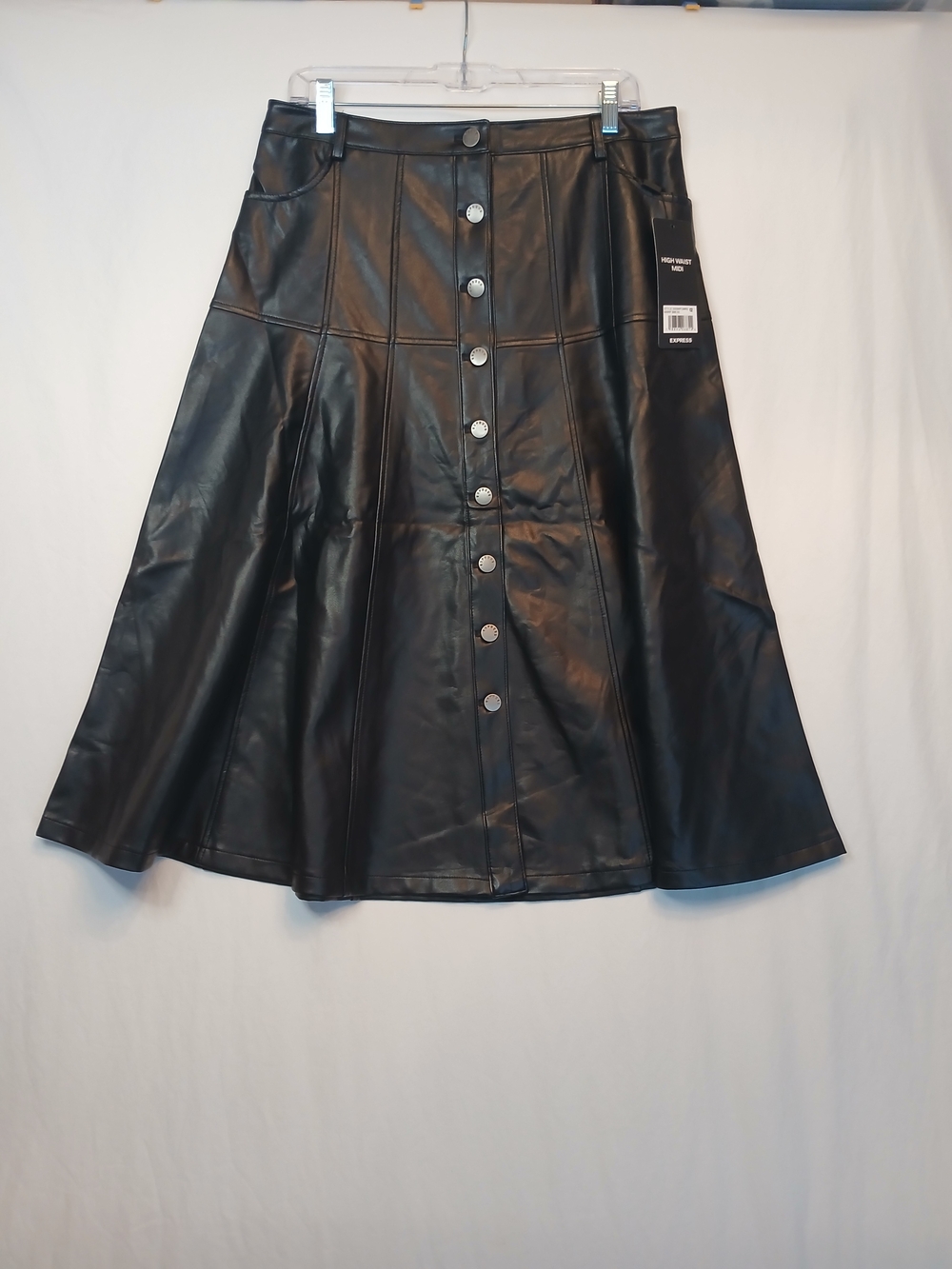 Black Faux Leather High Waist Button Front A-Line Midi Skirt 12